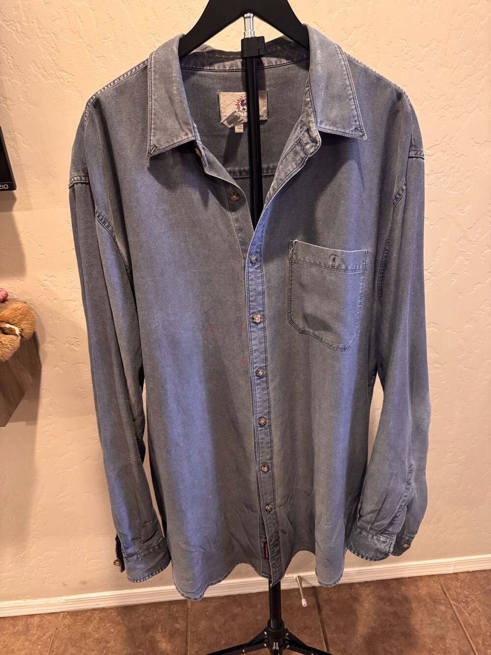 Silk Blend Vintage Crossroads Long Sleeve Button Down Shirt Blue Denim